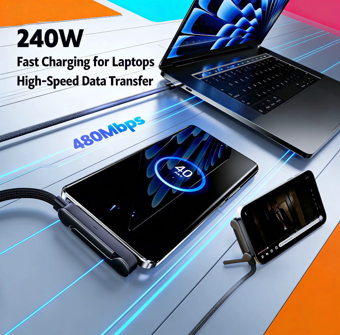 240W Fast Charging Cable with Built-In Phone Stand | iPhone & Samsung