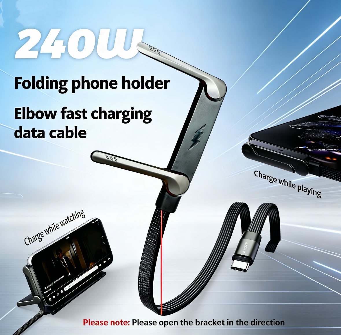 240W Fast Charging Cable with Built-In Phone Stand | iPhone & Samsung