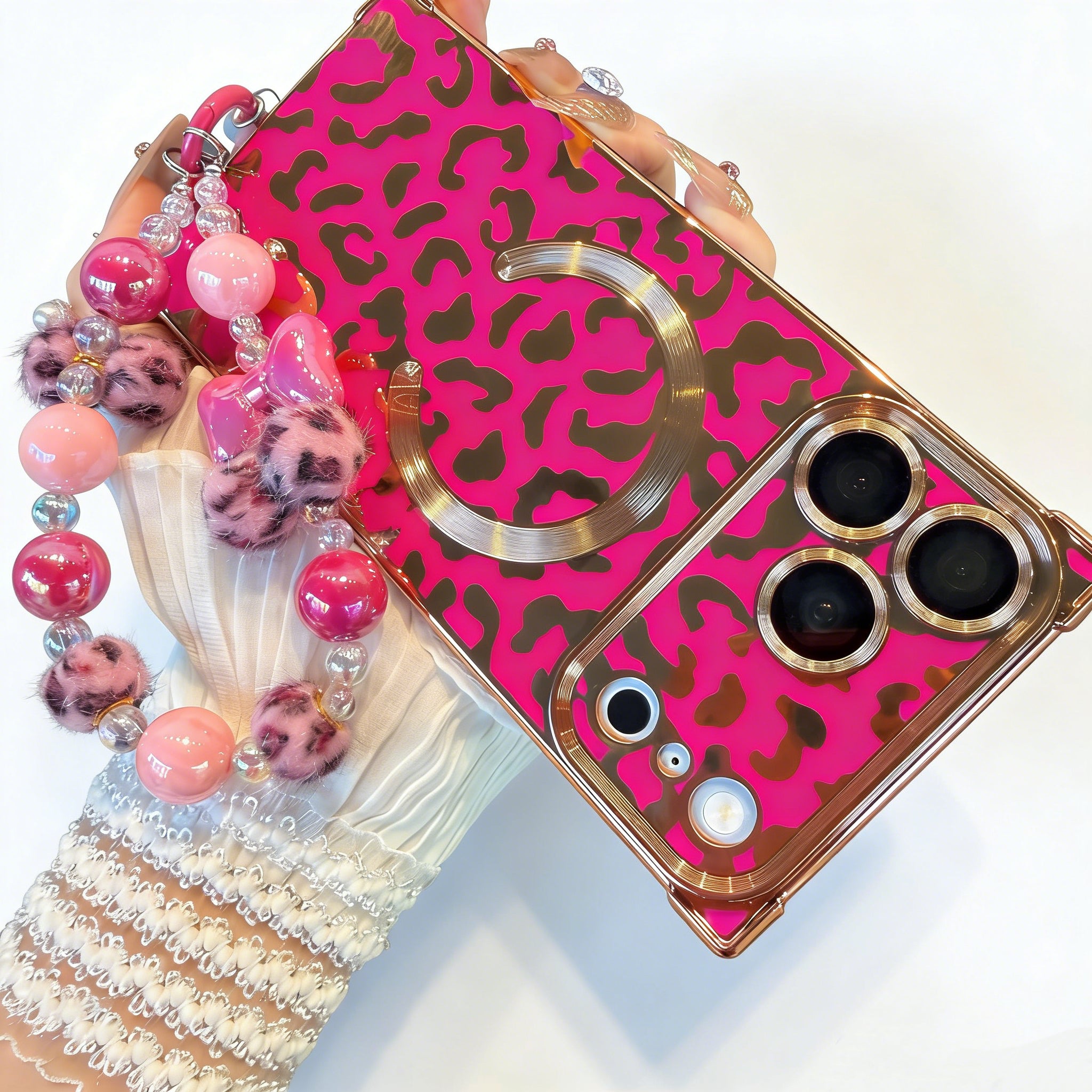 Leopard Print Phone Case with Matching Beaded Bracelet | MagSafe Ready