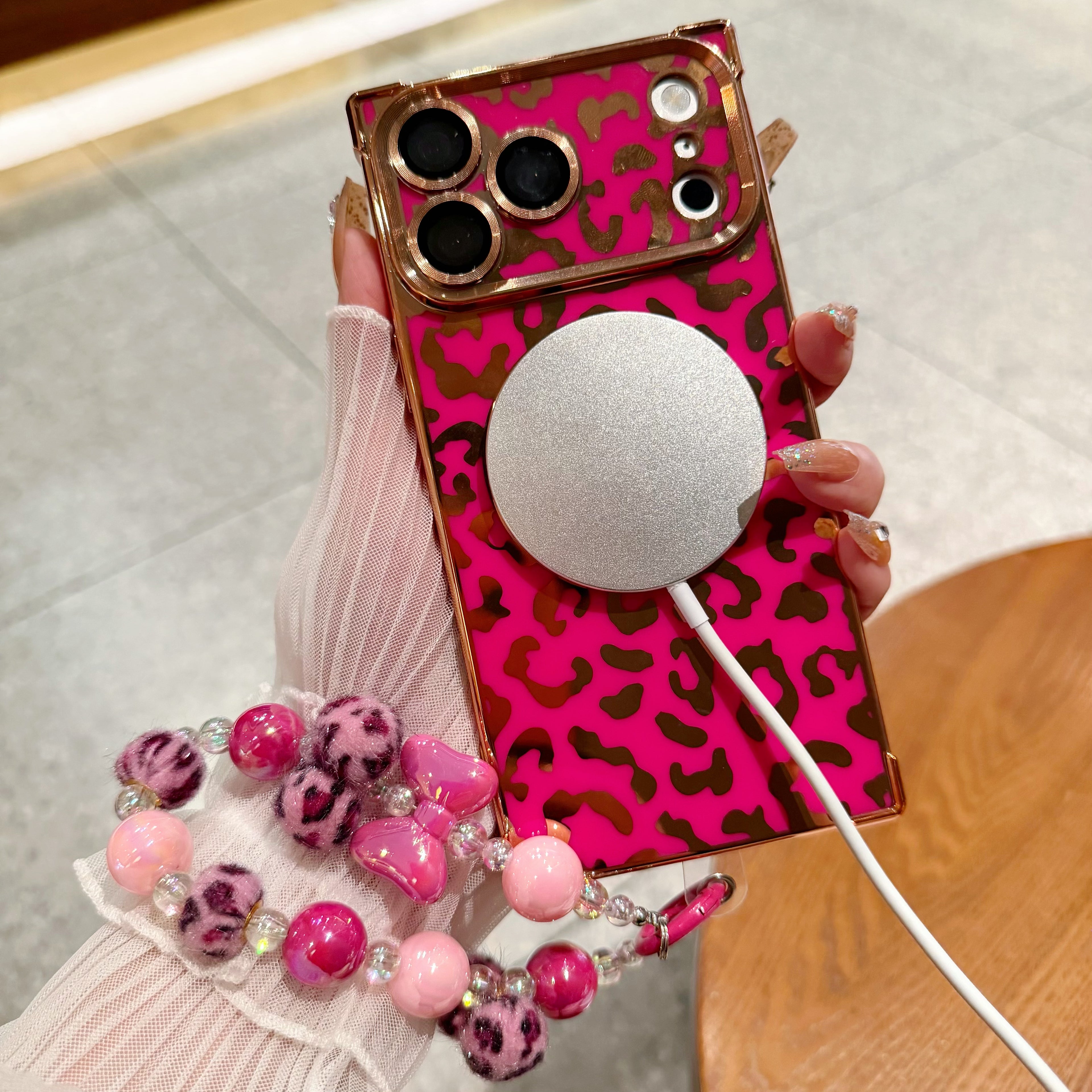Leopard Print Phone Case with Matching Beaded Bracelet | MagSafe Ready